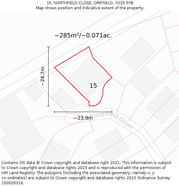 15, NORTHFIELD CLOSE, DRIFFIELD, YO25 5YB: Plot and title map