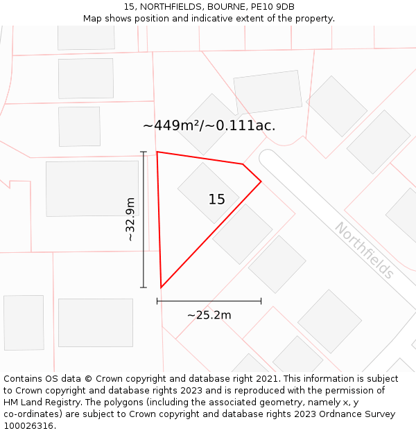 15, NORTHFIELDS, BOURNE, PE10 9DB: Plot and title map