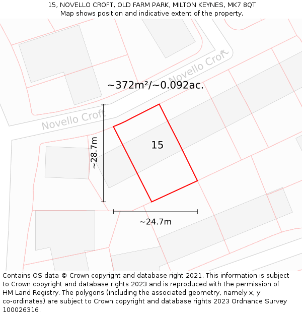 15, NOVELLO CROFT, OLD FARM PARK, MILTON KEYNES, MK7 8QT: Plot and title map