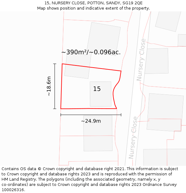 15, NURSERY CLOSE, POTTON, SANDY, SG19 2QE: Plot and title map