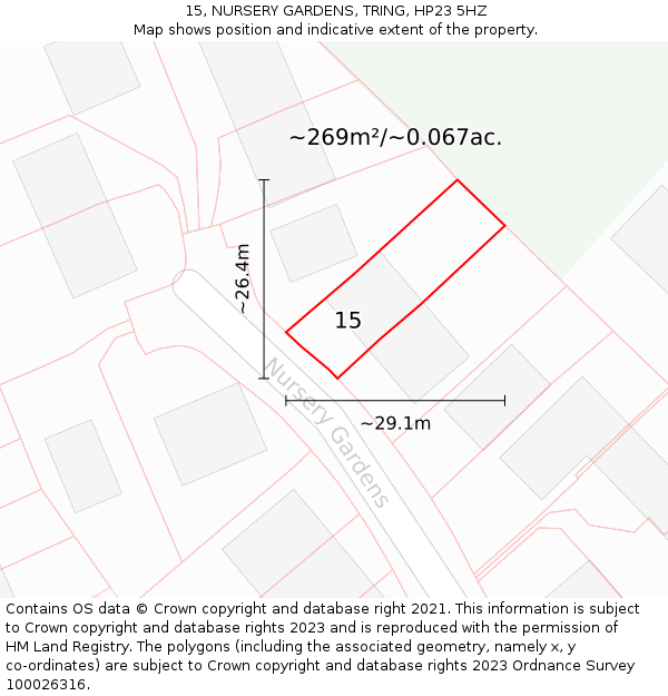 15, NURSERY GARDENS, TRING, HP23 5HZ: Plot and title map