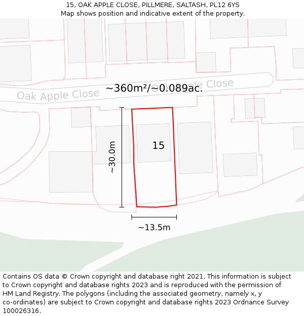 15, OAK APPLE CLOSE, PILLMERE, SALTASH, PL12 6YS: Plot and title map