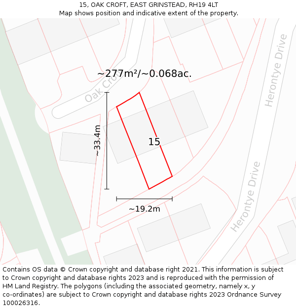 15, OAK CROFT, EAST GRINSTEAD, RH19 4LT: Plot and title map