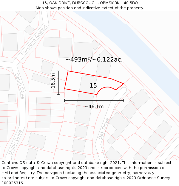 15, OAK DRIVE, BURSCOUGH, ORMSKIRK, L40 5BQ: Plot and title map