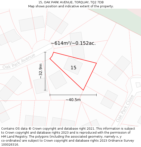 15, OAK PARK AVENUE, TORQUAY, TQ2 7DB: Plot and title map