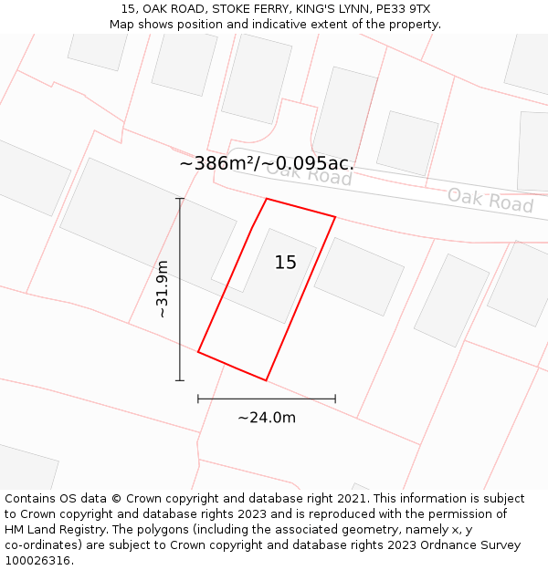 15, OAK ROAD, STOKE FERRY, KING'S LYNN, PE33 9TX: Plot and title map