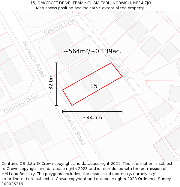 15, OAKCROFT DRIVE, FRAMINGHAM EARL, NORWICH, NR14 7JQ: Plot and title map