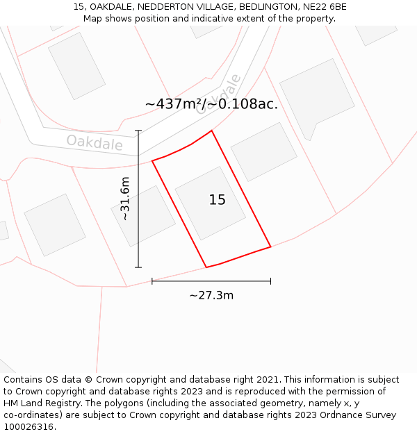 15, OAKDALE, NEDDERTON VILLAGE, BEDLINGTON, NE22 6BE: Plot and title map