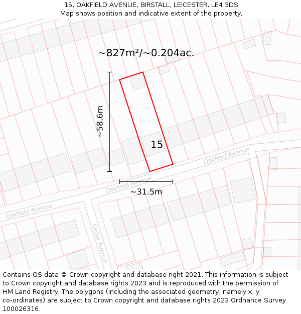 15, OAKFIELD AVENUE, BIRSTALL, LEICESTER, LE4 3DS: Plot and title map