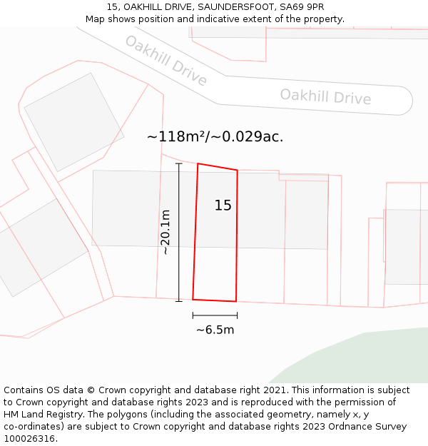 15, OAKHILL DRIVE, SAUNDERSFOOT, SA69 9PR: Plot and title map