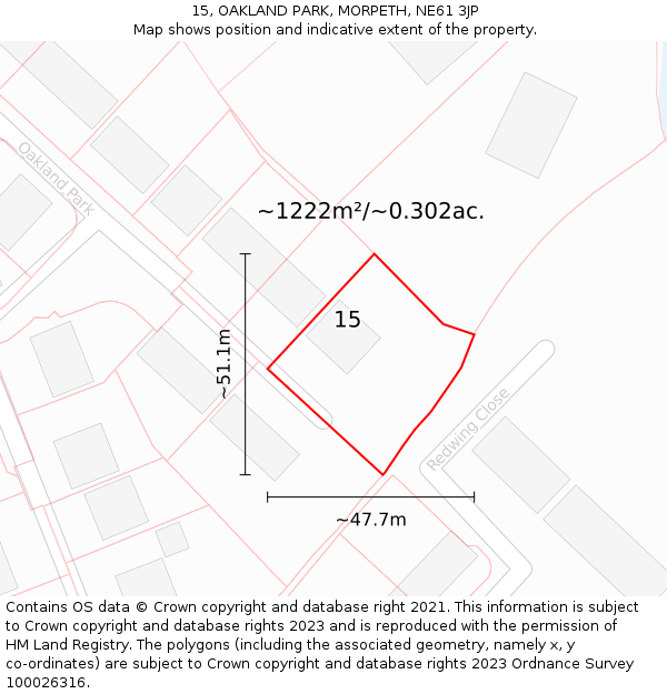 15, OAKLAND PARK, MORPETH, NE61 3JP: Plot and title map