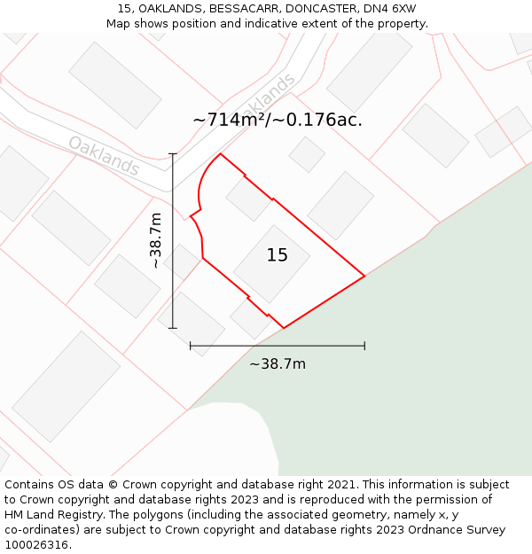 15, OAKLANDS, BESSACARR, DONCASTER, DN4 6XW: Plot and title map