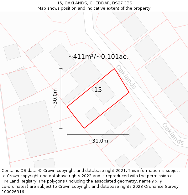 15, OAKLANDS, CHEDDAR, BS27 3BS: Plot and title map