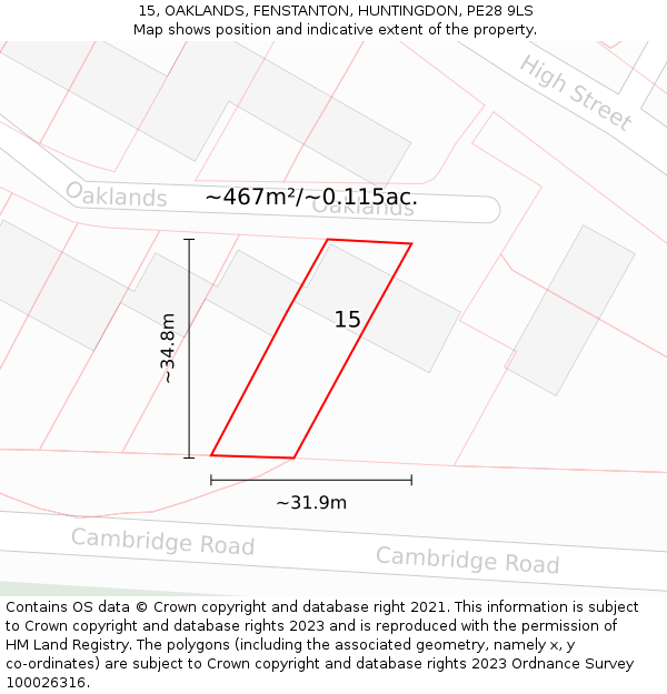 15, OAKLANDS, FENSTANTON, HUNTINGDON, PE28 9LS: Plot and title map