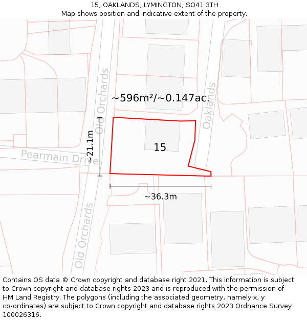 15, OAKLANDS, LYMINGTON, SO41 3TH: Plot and title map