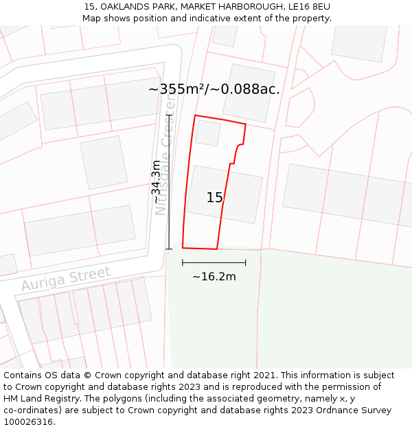 15, OAKLANDS PARK, MARKET HARBOROUGH, LE16 8EU: Plot and title map