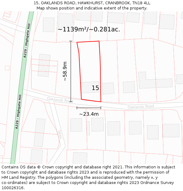 15, OAKLANDS ROAD, HAWKHURST, CRANBROOK, TN18 4LL: Plot and title map