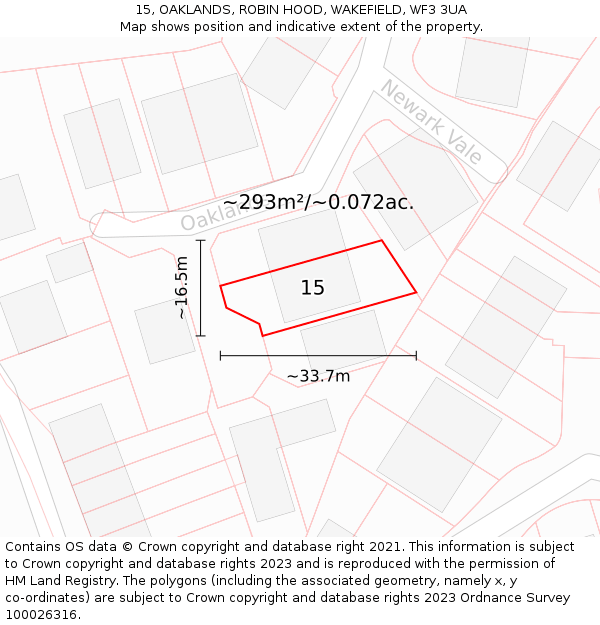 15, OAKLANDS, ROBIN HOOD, WAKEFIELD, WF3 3UA: Plot and title map