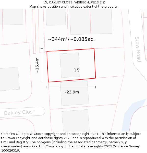 15, OAKLEY CLOSE, WISBECH, PE13 2JZ: Plot and title map