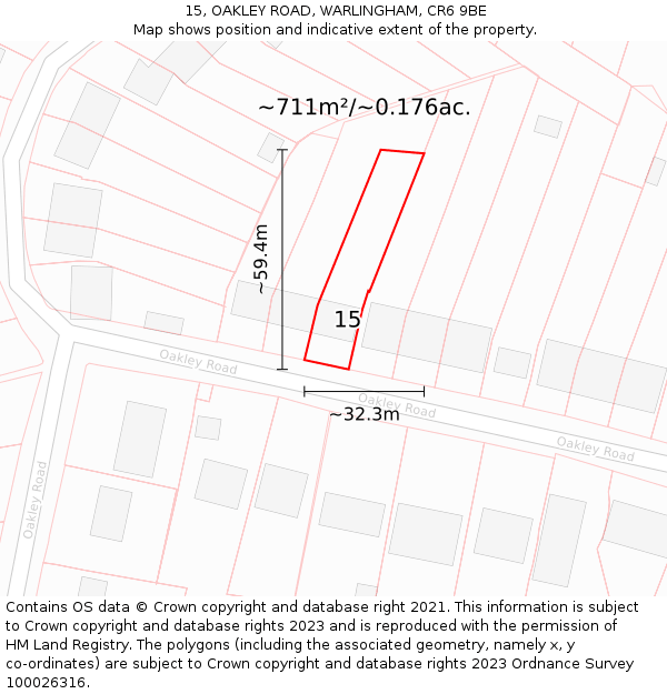 15, OAKLEY ROAD, WARLINGHAM, CR6 9BE: Plot and title map