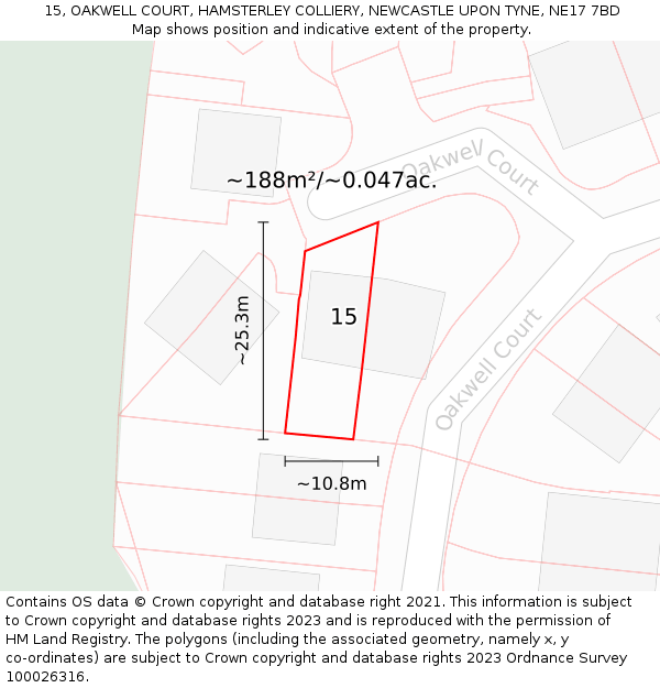 15, OAKWELL COURT, HAMSTERLEY COLLIERY, NEWCASTLE UPON TYNE, NE17 7BD: Plot and title map