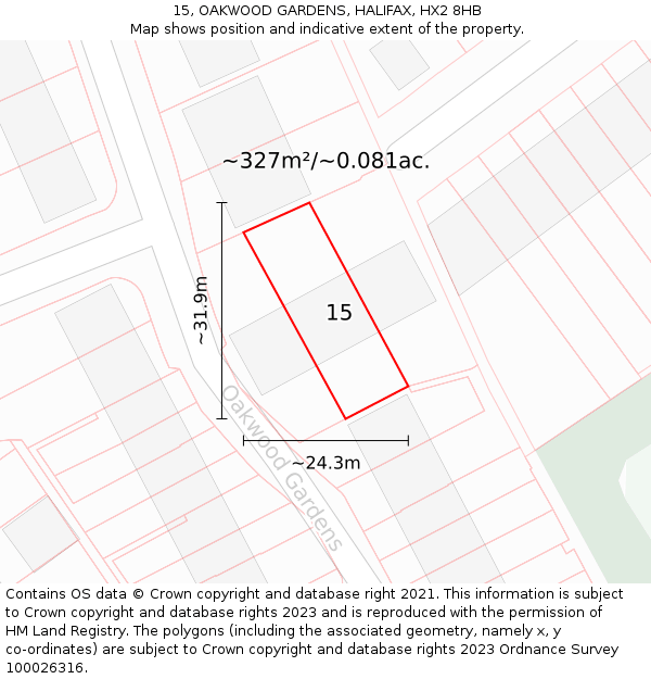 15, OAKWOOD GARDENS, HALIFAX, HX2 8HB: Plot and title map