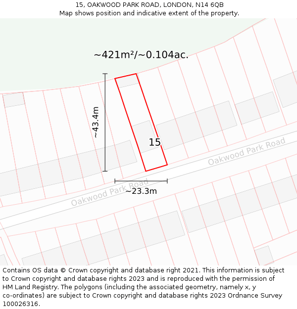 15, OAKWOOD PARK ROAD, LONDON, N14 6QB: Plot and title map