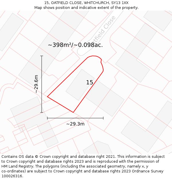 15, OATFIELD CLOSE, WHITCHURCH, SY13 1XX: Plot and title map