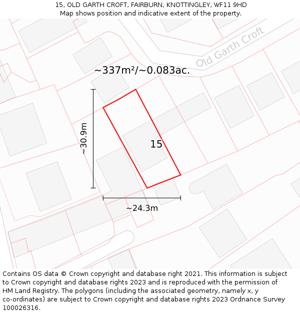 15, OLD GARTH CROFT, FAIRBURN, KNOTTINGLEY, WF11 9HD: Plot and title map