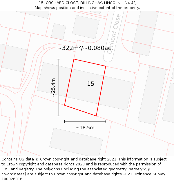 15, ORCHARD CLOSE, BILLINGHAY, LINCOLN, LN4 4FJ: Plot and title map