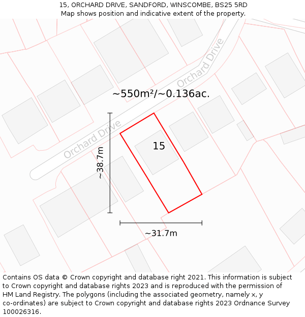 15, ORCHARD DRIVE, SANDFORD, WINSCOMBE, BS25 5RD: Plot and title map