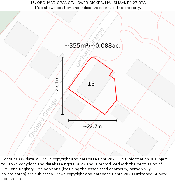 15, ORCHARD GRANGE, LOWER DICKER, HAILSHAM, BN27 3PA: Plot and title map