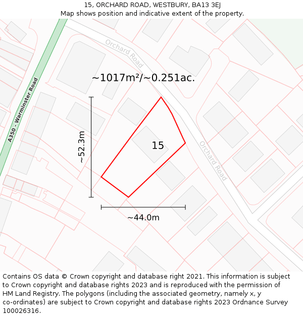 15, ORCHARD ROAD, WESTBURY, BA13 3EJ: Plot and title map