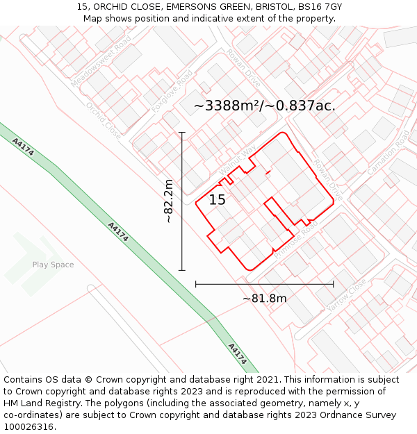 15, ORCHID CLOSE, EMERSONS GREEN, BRISTOL, BS16 7GY: Plot and title map