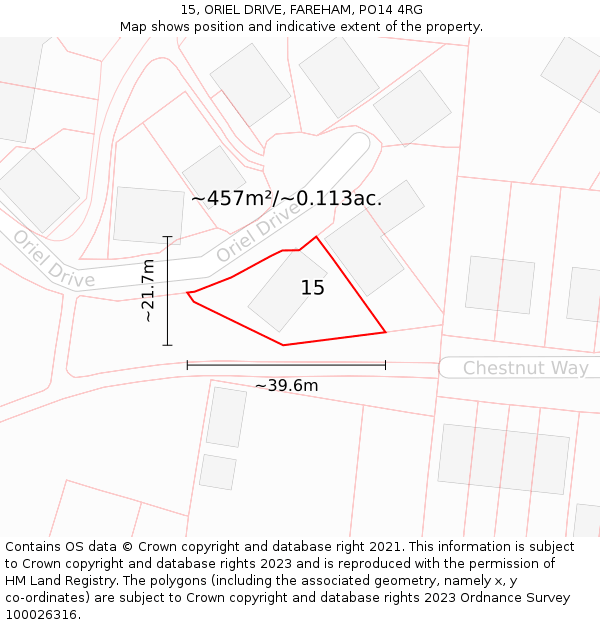 15, ORIEL DRIVE, FAREHAM, PO14 4RG: Plot and title map