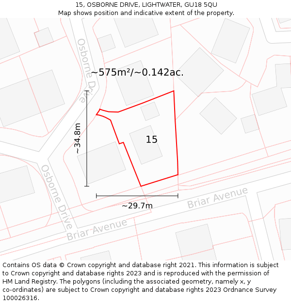 15, OSBORNE DRIVE, LIGHTWATER, GU18 5QU: Plot and title map