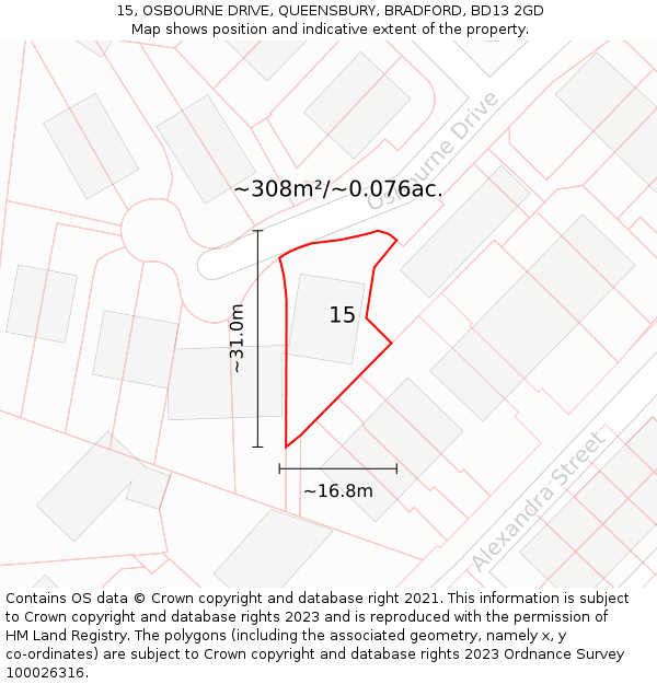 15, OSBOURNE DRIVE, QUEENSBURY, BRADFORD, BD13 2GD: Plot and title map