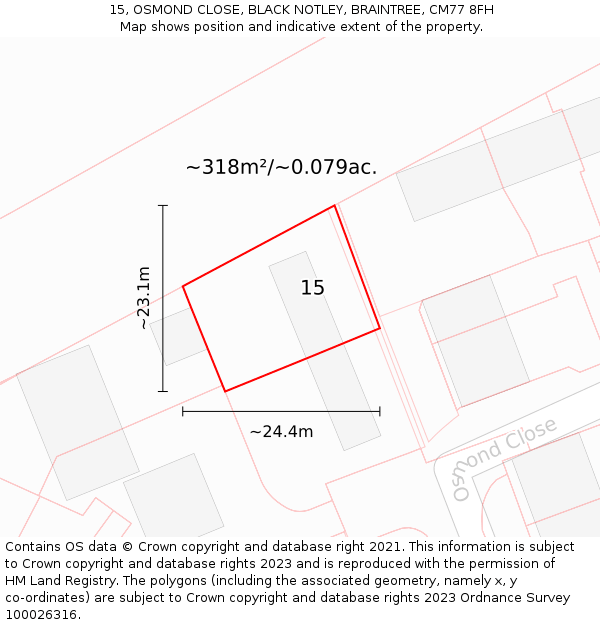 15, OSMOND CLOSE, BLACK NOTLEY, BRAINTREE, CM77 8FH: Plot and title map