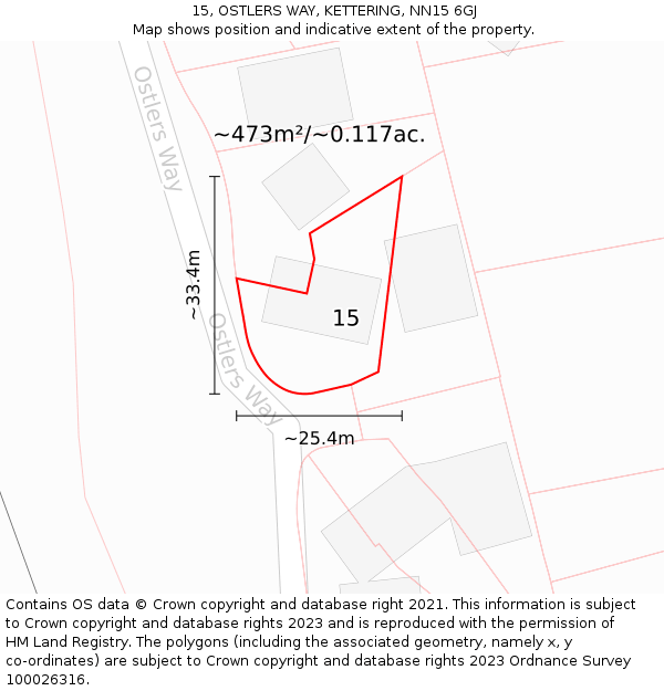 15, OSTLERS WAY, KETTERING, NN15 6GJ: Plot and title map