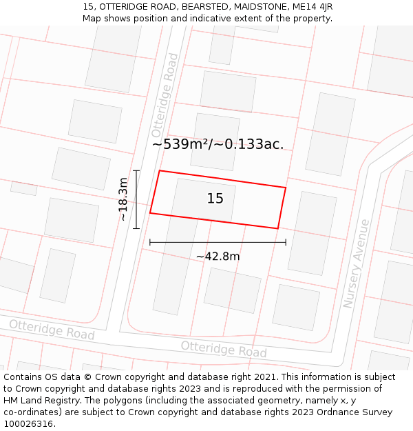 15, OTTERIDGE ROAD, BEARSTED, MAIDSTONE, ME14 4JR: Plot and title map