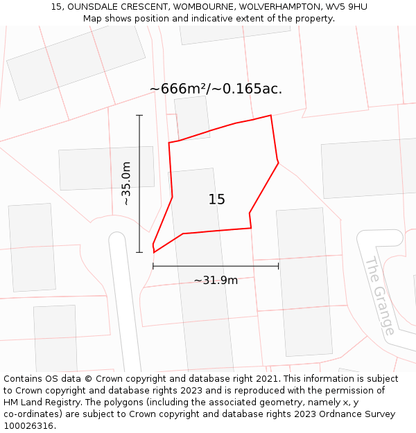 15, OUNSDALE CRESCENT, WOMBOURNE, WOLVERHAMPTON, WV5 9HU: Plot and title map