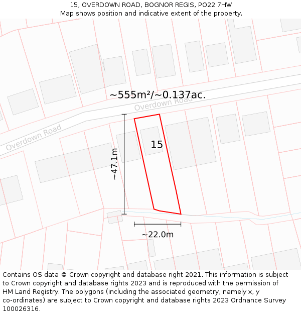 15, OVERDOWN ROAD, BOGNOR REGIS, PO22 7HW: Plot and title map