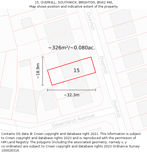 15, OVERHILL, SOUTHWICK, BRIGHTON, BN42 4WL: Plot and title map