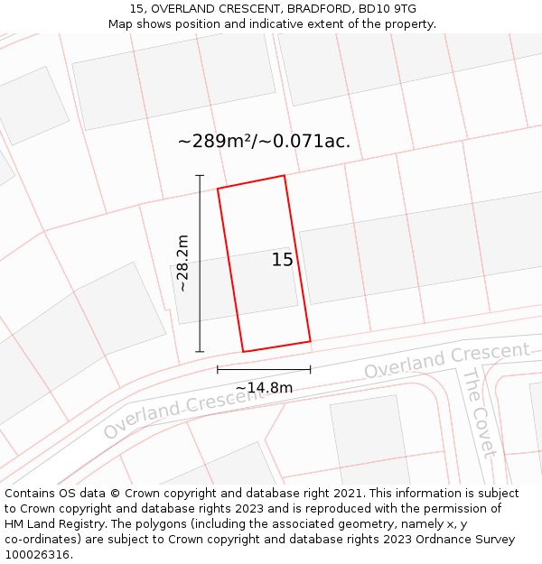 15, OVERLAND CRESCENT, BRADFORD, BD10 9TG: Plot and title map