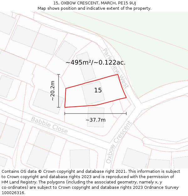 15, OXBOW CRESCENT, MARCH, PE15 9UJ: Plot and title map