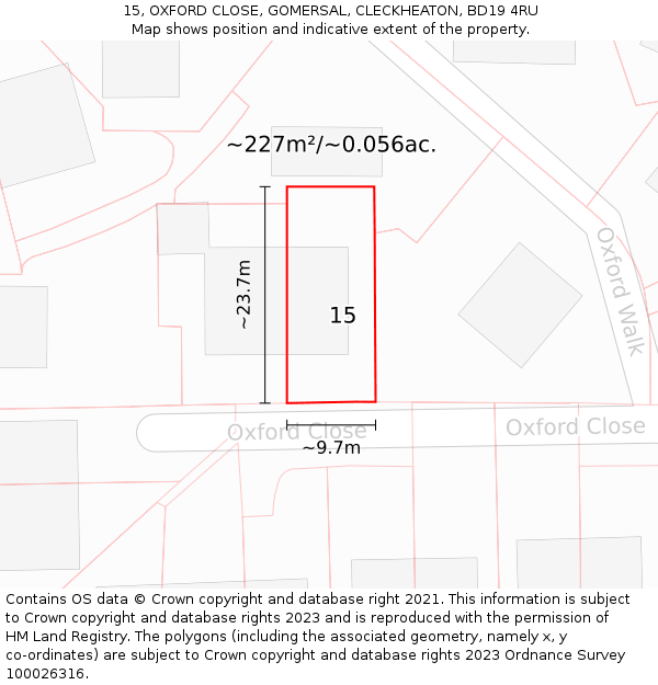 15, OXFORD CLOSE, GOMERSAL, CLECKHEATON, BD19 4RU: Plot and title map