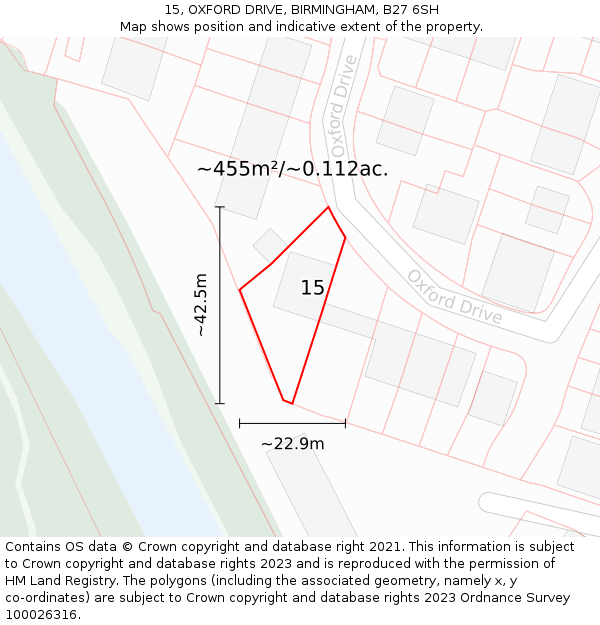 15, OXFORD DRIVE, BIRMINGHAM, B27 6SH: Plot and title map