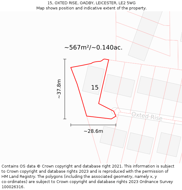 15, OXTED RISE, OADBY, LEICESTER, LE2 5WG: Plot and title map