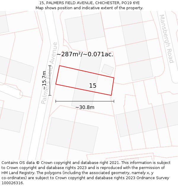 15, PALMERS FIELD AVENUE, CHICHESTER, PO19 6YE: Plot and title map