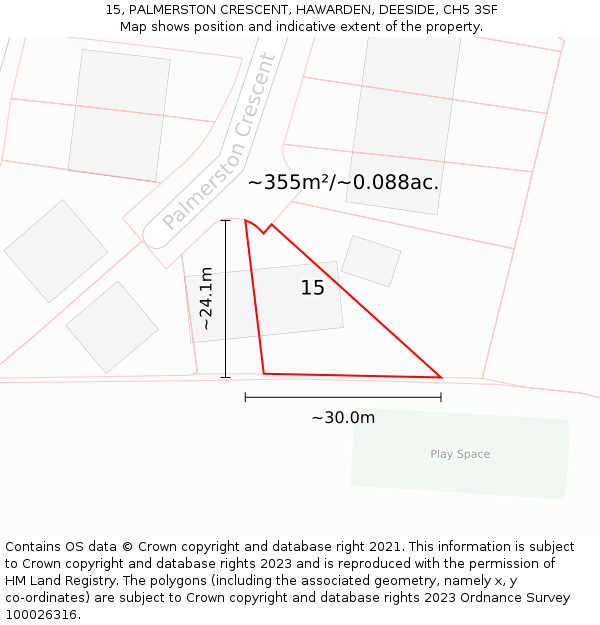 15, PALMERSTON CRESCENT, HAWARDEN, DEESIDE, CH5 3SF: Plot and title map